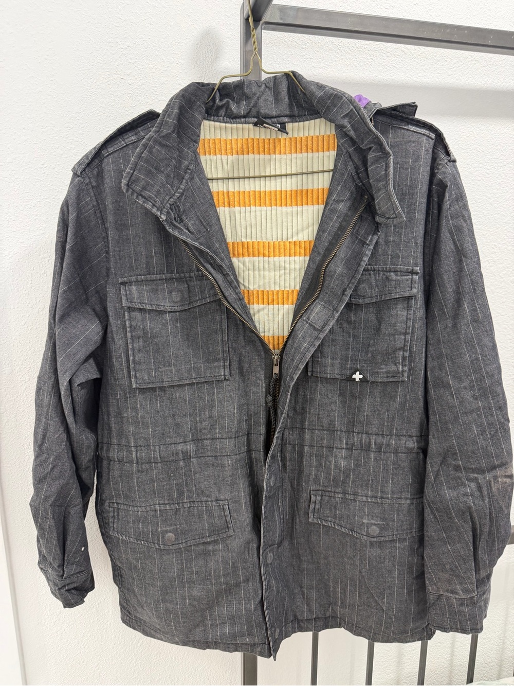 Men's Gray Pinstripe Field Jacket - Lightweight Utility Coat